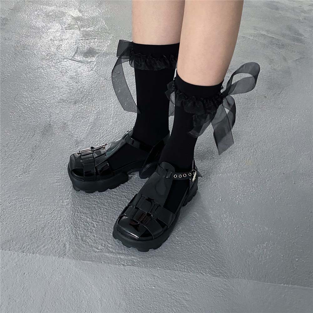 Tất ống dài thoáng khí nhiều màu thiết kế phối ren mềm có dây ruy băng nilon cho nữ