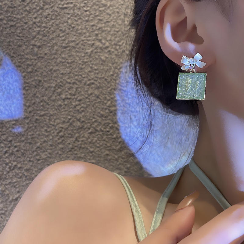 Khuyên Tai Hình Học Đính Nơ Màu Xanh Lá Cây Phong Cách Retro Nữ Tính Ngọt Ngào