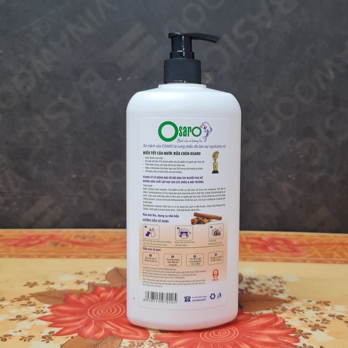 Nước rửa chén cao cấp Osaro chiết xuất hữu cơ thiên nhiên làm sạch nhanh công thức bốn lớp bảo vệ da tay 1000ml