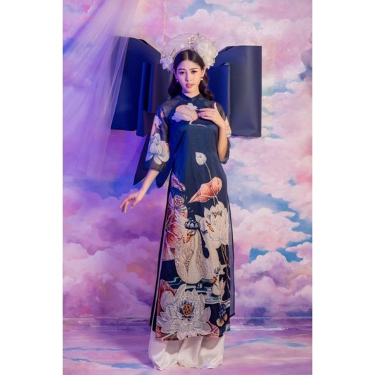 Áo dài tơ sen 4 tà xanh than sang đẹp hoạ tiết đính kết lấp lánh phù hợp lễ tết đi làm lễ chùa kèm ảnh thật và video