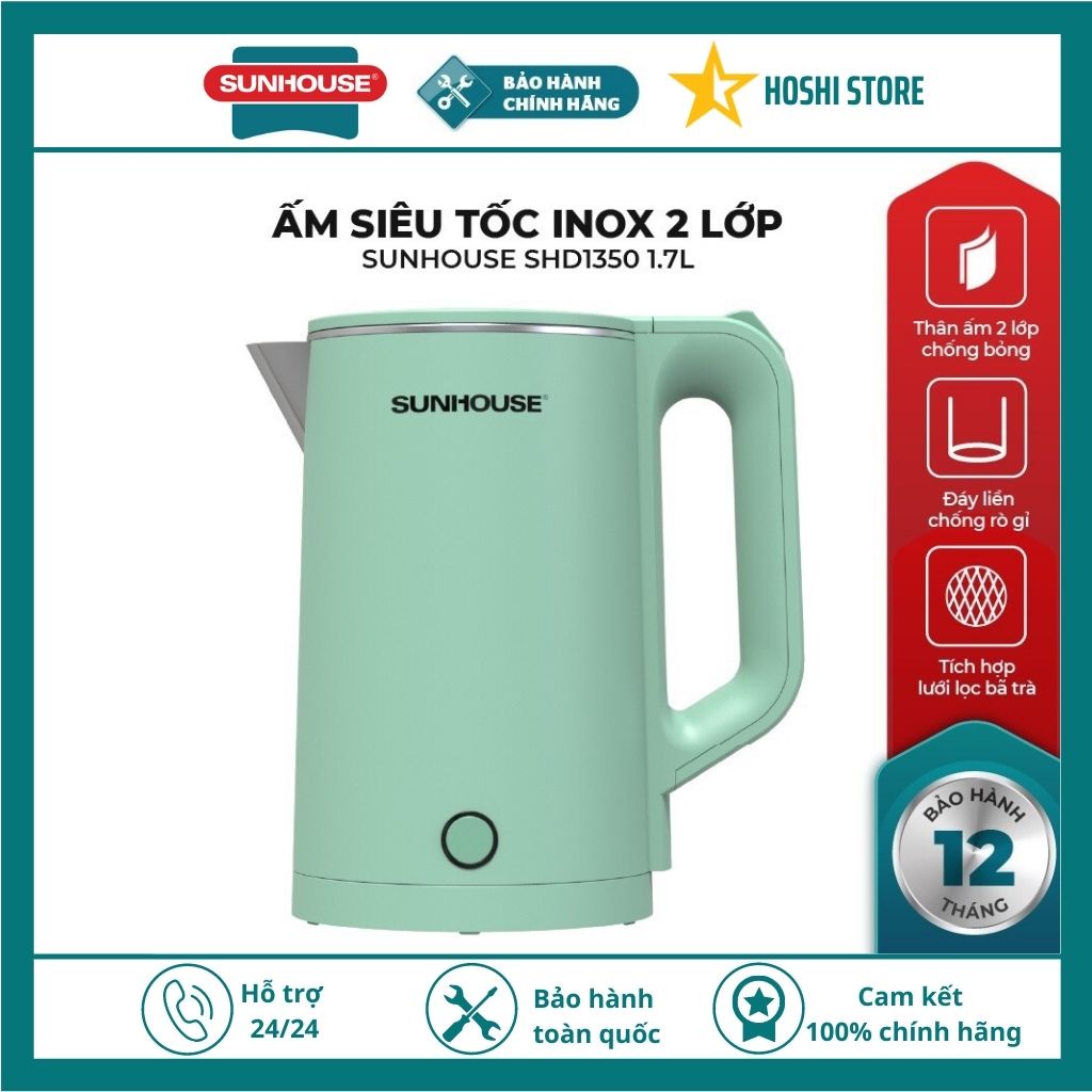 {ĐÁY ĐÚC LIỀN CAO CẤP} Ấm siêu tốc, bình siêu tốc inox 2 lớp 1.7L chính hãng SUNHOUSE SHD1350, bảo hành 12 tháng