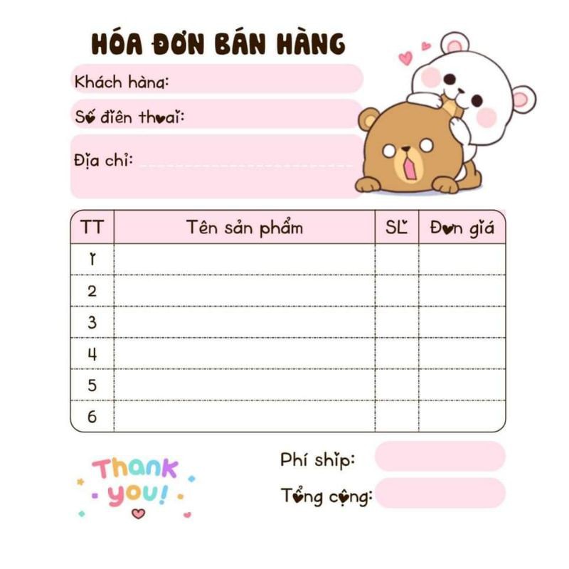 ❤️[MUA 10 CUỐN TẶNG 1 CUỐN] Hoá Đơn Bán Hàng 1 Liên Dễ thương❤️