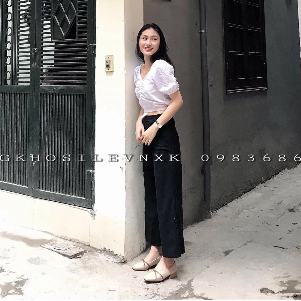 SET ÁO CROPTOP RÚT DÂY + QUẦN CULLOTES ĐEN DÀI