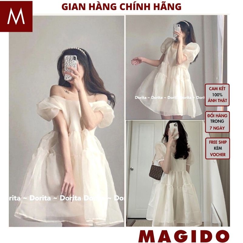 Váy Babydoll 💚váy tiểu thư trễ vai Voan tơ Hàn Quốc, Đầm Babydoll Voan tơ Lizi mặc được 2 kiểu vintage ,cực xinh MAGIDO