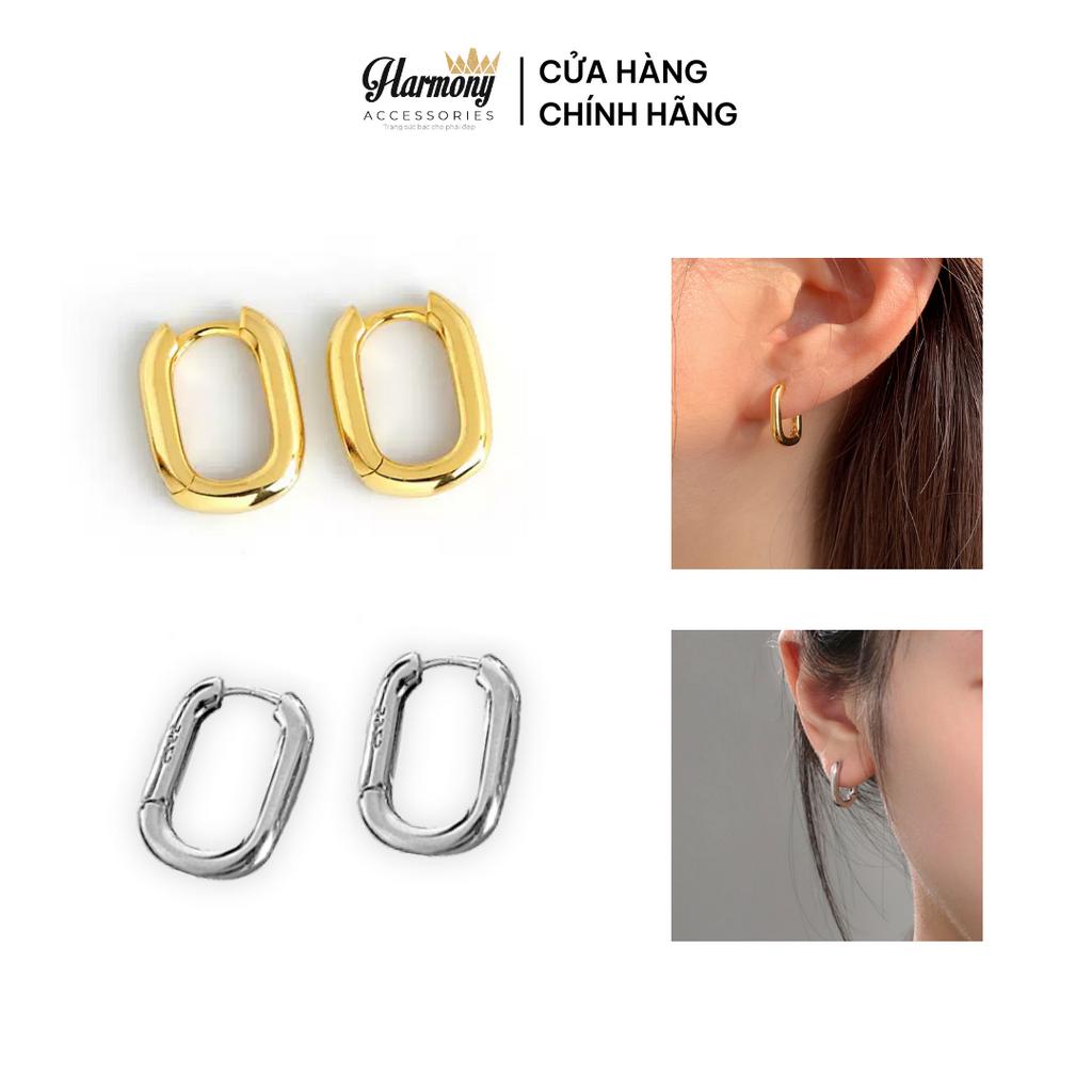 Bông tai nữ khuyên bạc mạ vàng Ellipse chốt bấm đơn giản, cá tính, unisex | HARMONY ACCESSORIES KN30