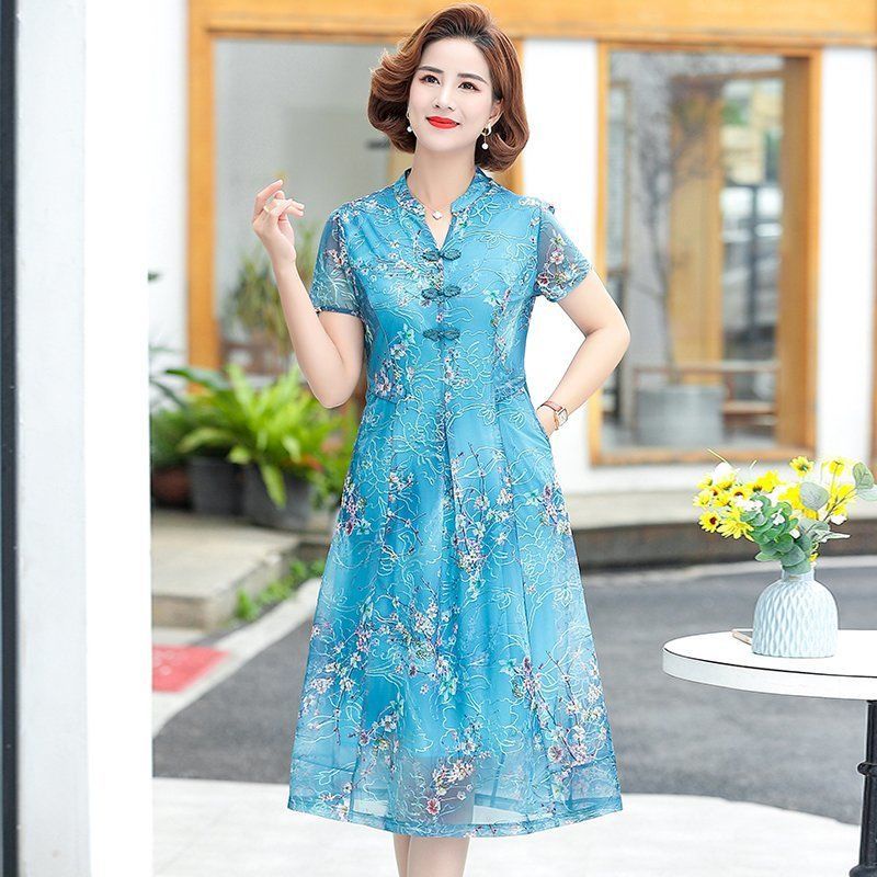 Đầm Sườn Xám Cách Tân Tay Ngắn Phong Cách Phương Tây Thời Trang Mùa Hè Mới Cho Phụ Nữ Trung Niên