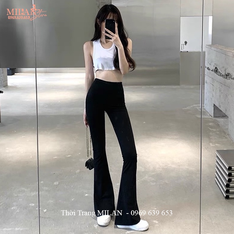 Quần ống loe nữ cạp lưng cao co giãn bigsize có dây eo dáng quần legging nữ ống loe rộng vải ôm body mặc công sở đi học