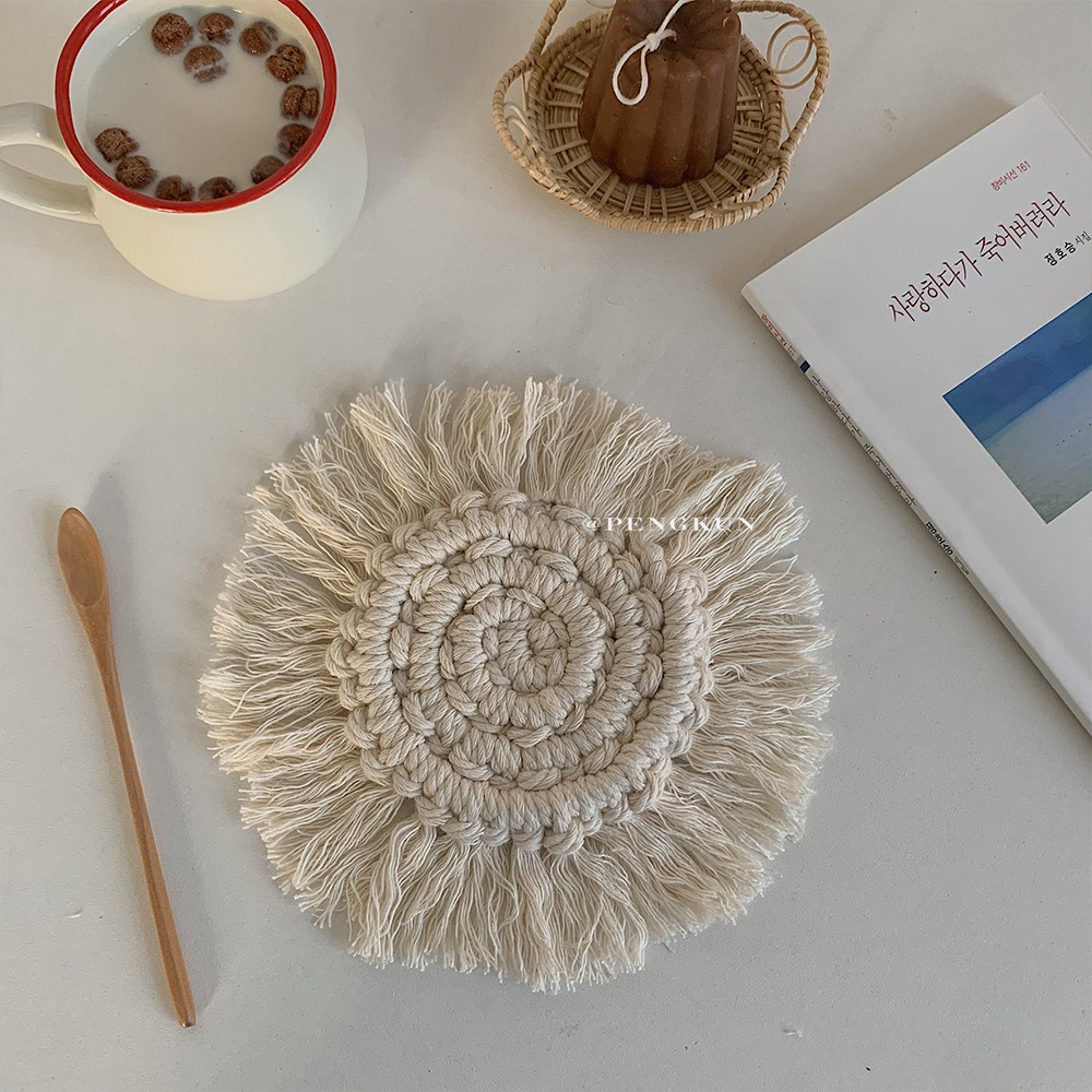 Miếng lót cốc bằng cotton dệt trang trí tua rua độc đáo