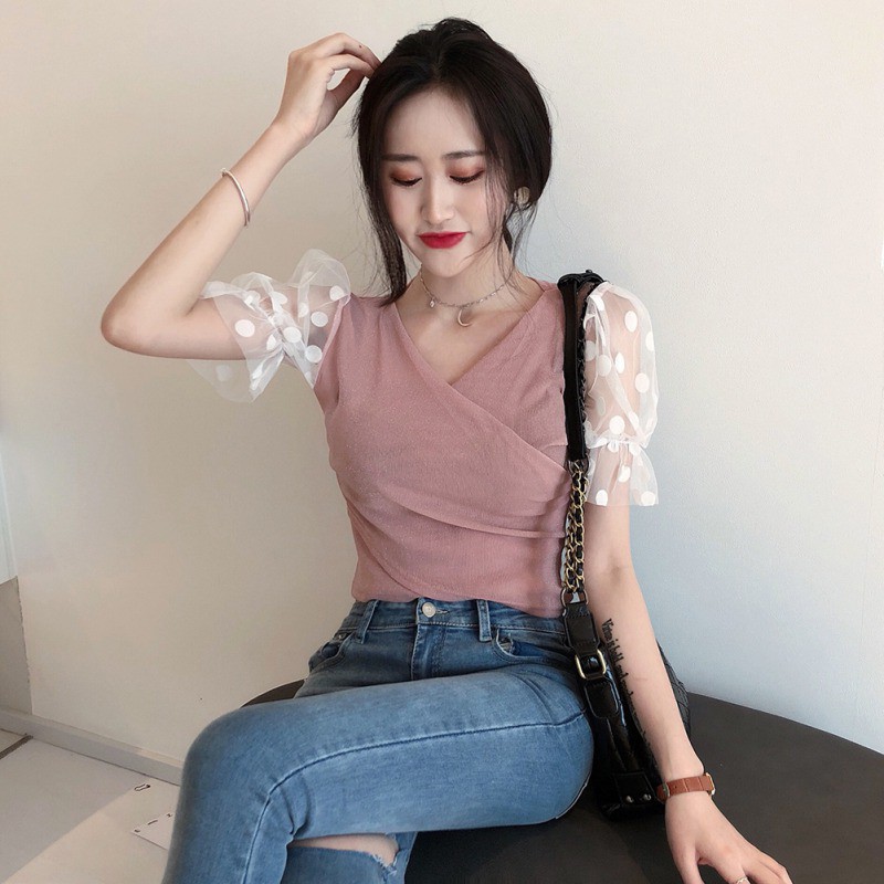 Women Sexy Sling Strapless V Collar Mesh Stitching Short Sleeve Blouse | BigBuy360 - bigbuy360.vn