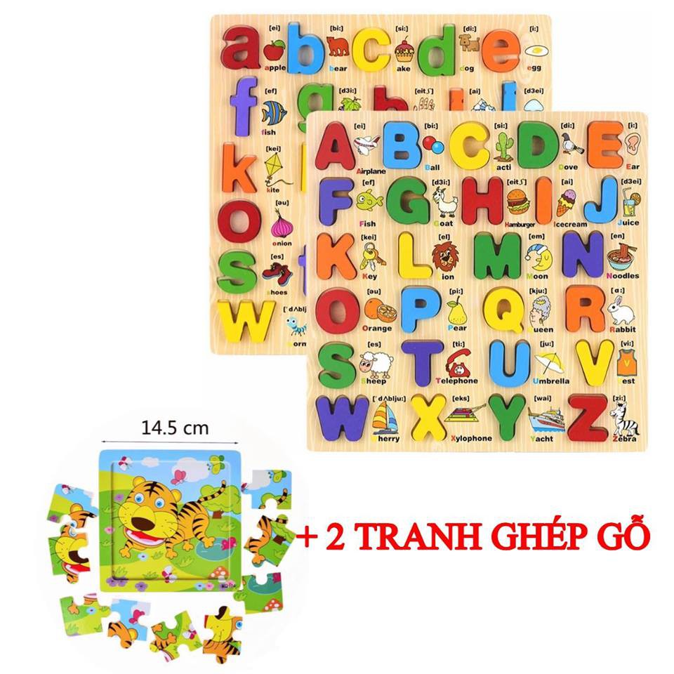 Lẻ Combo 2 Bảng Chữ Cái Nổi Song Ngữ In Hoa Và Chữ Thường+Tặng 2 Tranh Ghép Gỗ Thông Minh