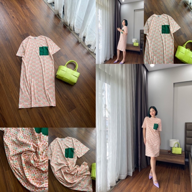 Đầm thun hoa form suông. Hình cận vải shop chụp thật