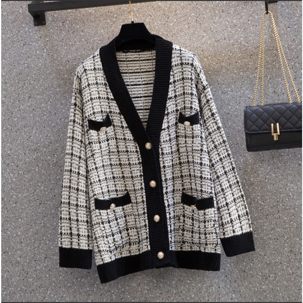 Áo khoác cardigan nữ form rộng chất len nhũ phối cúc vàng hàng đẹp PANOSI - A481