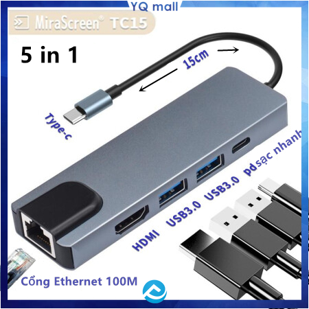 Bộ hub chia cổng USB 3.0 5 trong 1 Type-C tốc độ cao 4K HDMI/ Rj45 Gigabit/ PD cho MacBook Pro/Air