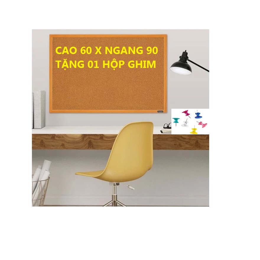 Bảng ghim bần  khung gỗ 60 x 90 cm - Tặng 1 hộp ghim 35 cái
