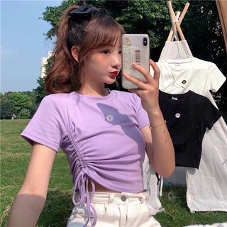 Áo thun nữ thêu hoa cúc coptop dây rút 1 bên