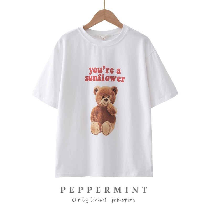 Áo thun Peppermint 41128 tay ngắn in hình gấu dễ thương phong cách Hàn Quốc thời trang