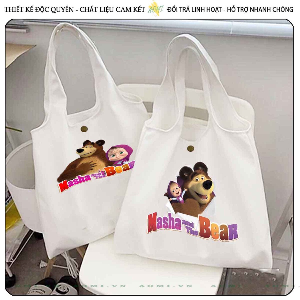 TOTE CANVAS masha and bear FORM TRÒN TÚI VẢI ĐEO VAI BAG NÚT BẤM SIZE LỚN AOMIVN DU LỊCH DẠO PHỐ CÁ TÍNH