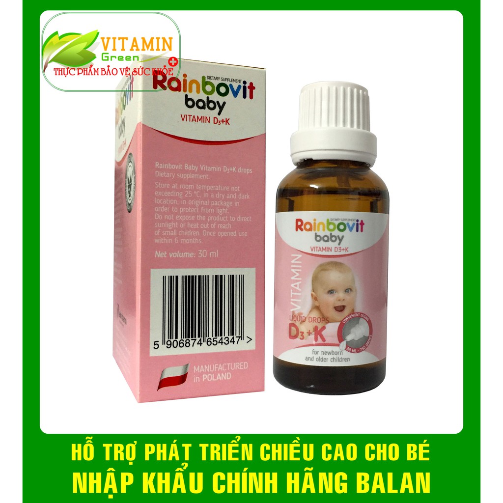 Rainbovit BABY VITAMIN D3 + K GIÚP BÉ PHÁT TRIỂN CHIỀU CAO, GIÚP XƯƠNG RĂNG CHẮC KHỎE | NHẬP KHẨU CHÍNH HÃNG BALAN