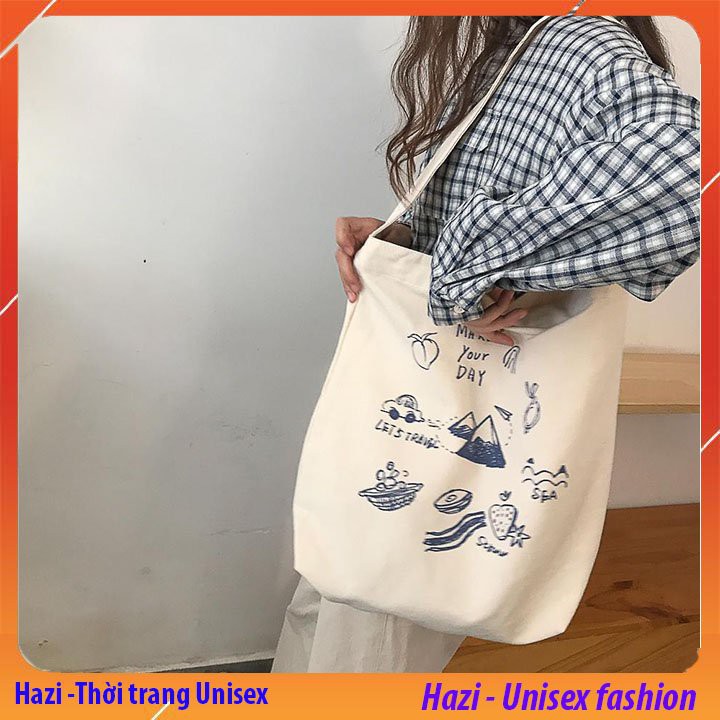 [BẢN MỚI NHẤT] Túi tote vải bố đựng đồ canvas thời trang Hazi, túi vuông MAKE YOUR DAY loại đẹp HZ32