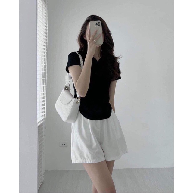 Áo Polo Croptop Nữ Vạt Bầu Cồ Bẻ Đen Trắng Tay Ngắn xinh xắn
