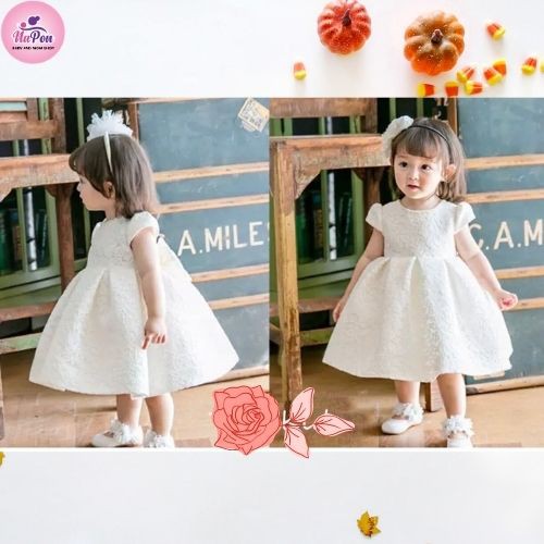 Váy đầm công chúa cho bé gái, chất liệu gấm vân nổi siêu sang cho bé diện Tết