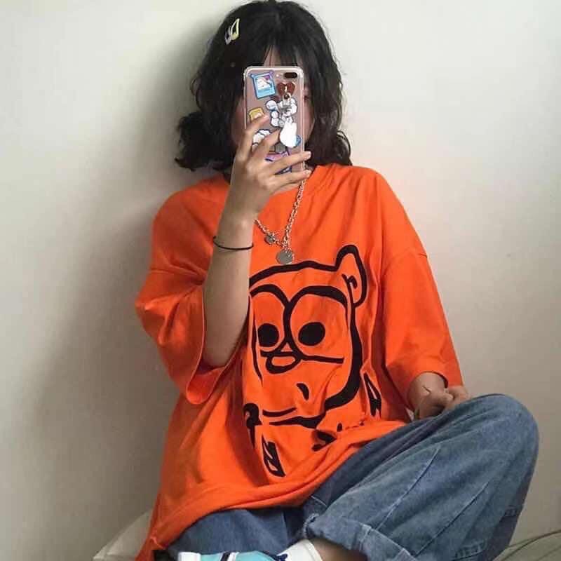 Áo phông tay lỡ unisex cam tươi hình gấu cute (annstore)