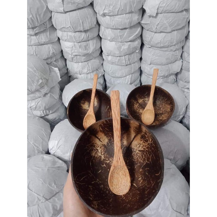 Combo Bát chén gáo dừa và muỗng dùng để ăn sữa chua salad ngũ cốc granola