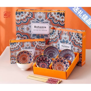 Bộ bát sứ chén đũa họa tiết thổ cẩm sang trọng 6 bát 6 đôi đũa Nhật Bản