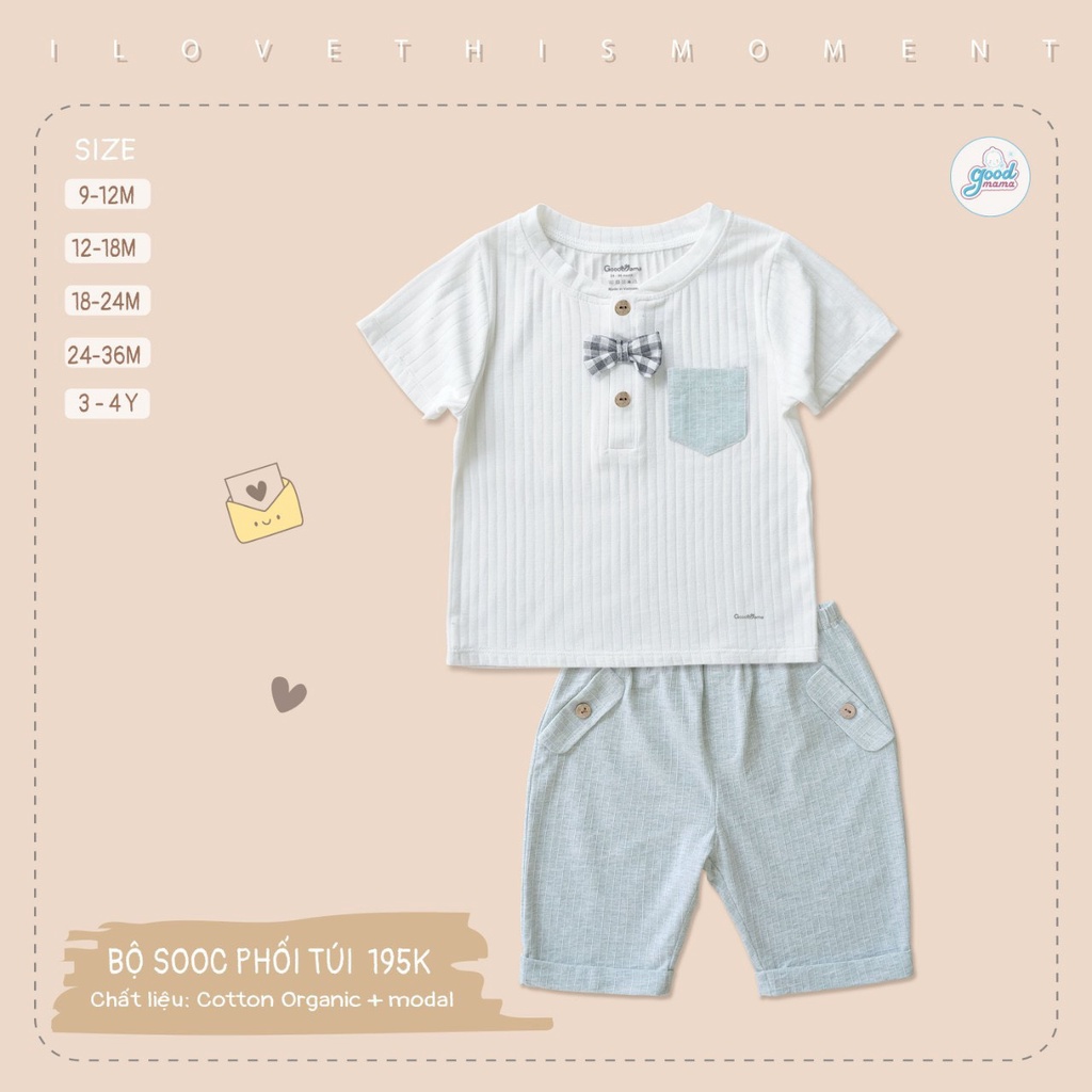 [CHÍNH HÃNG] Bộ cộc tay quần sooc phối túi cổ trụ nơ ngực vải cotton modal cho bé Good Mama