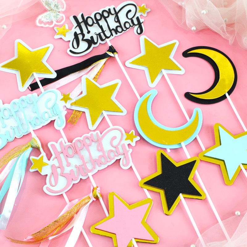 Trang trí bánh sinh nhật bánh kem - Mẫu thẻ giấy trăng sao 2 lớp đẹp