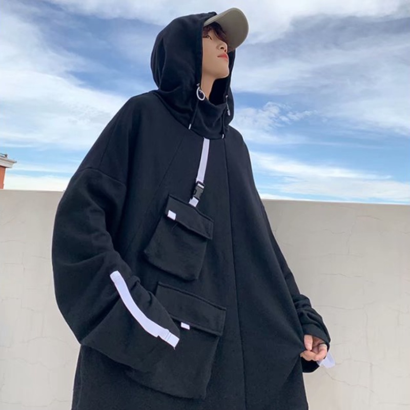 Áo khoác hoodie dáng rộng có nhiều túi đựng tay dài phong cách mùa thu cho nam nữ