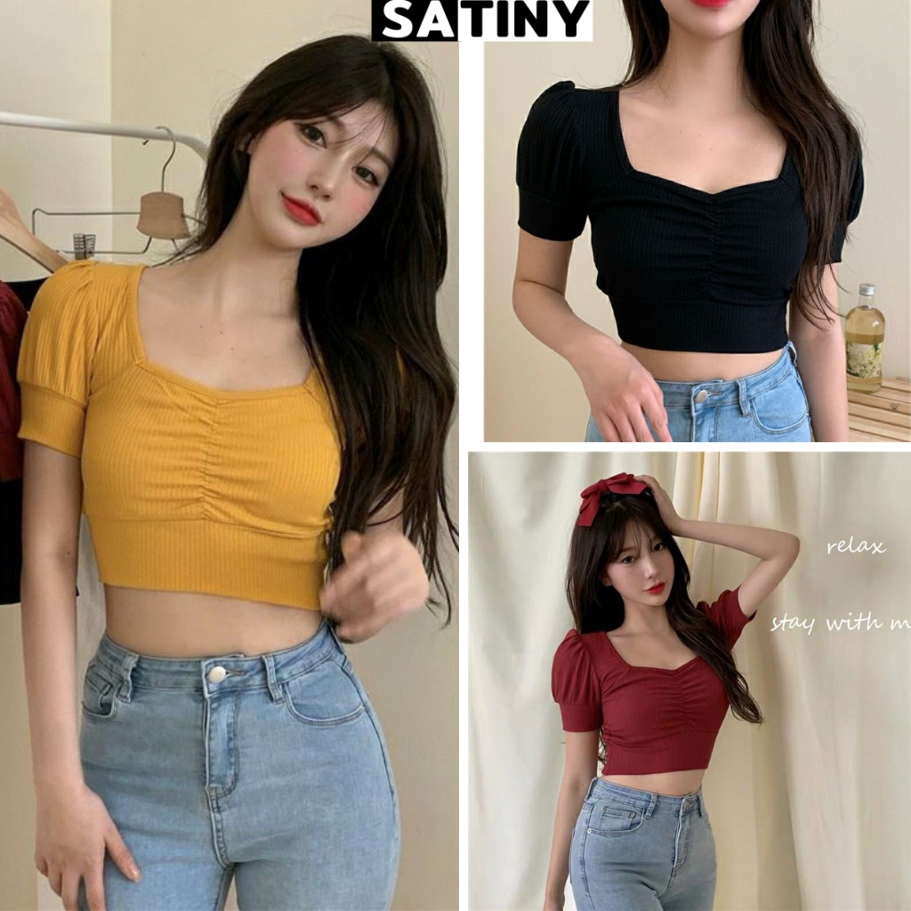 Áo Croptop Tay Phồng Ngắn Cổ Vuông Nhún Ngực Siêu Xinh Satiny DB63