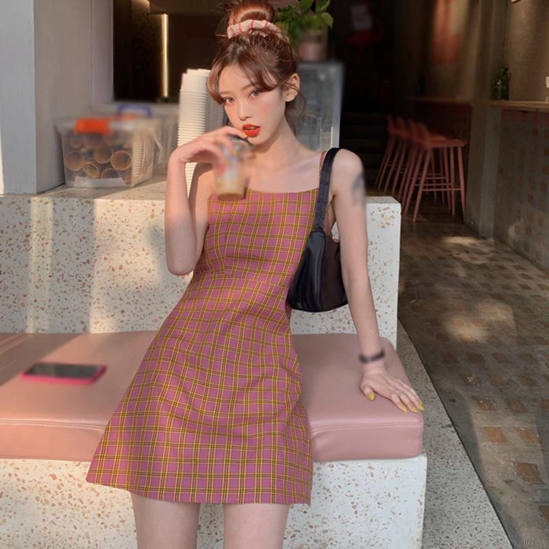 Đầm Dây Họa Tiết Ca Rô Phong Cách Hàn Quốc Nhẹ Nhàng Cho Nữ