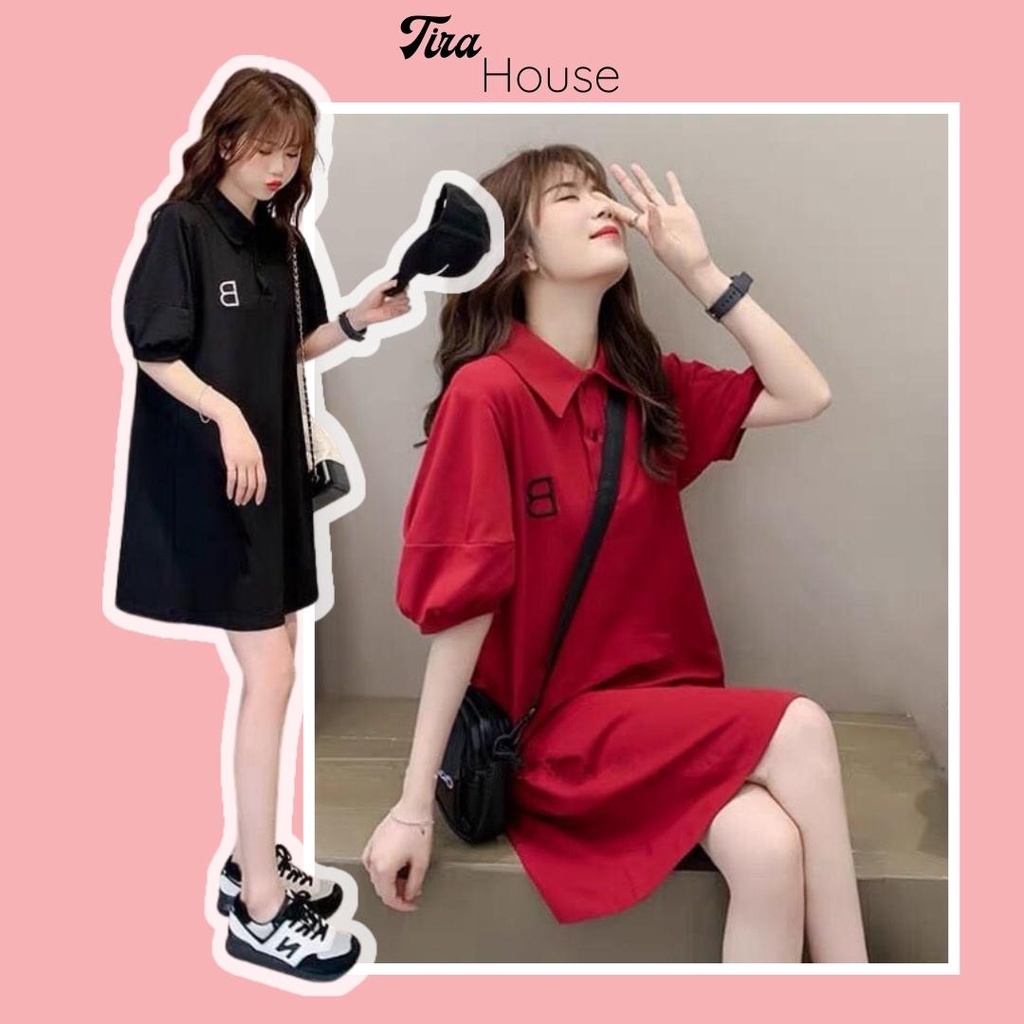 Váy polo suông TIRA HOUSE đầm suông 2 màu đen đỏ