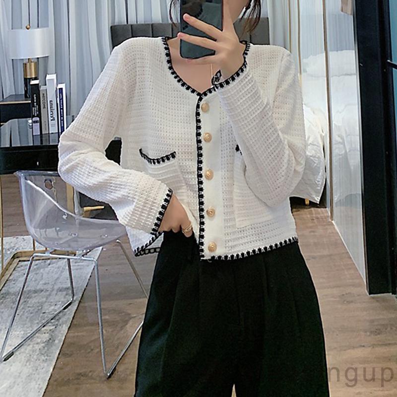 Áo croptop dệt kim tay dài cổ chữ V dáng rộng cài nút kiểu retro cho nữ