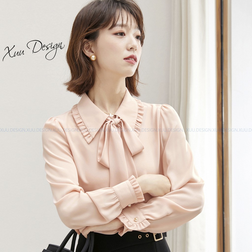 Áo sơ mi lụa nữ công sở Xuu, thiết kế nơ cổ có thể tháo rời Xu03 Hồng Nhạt