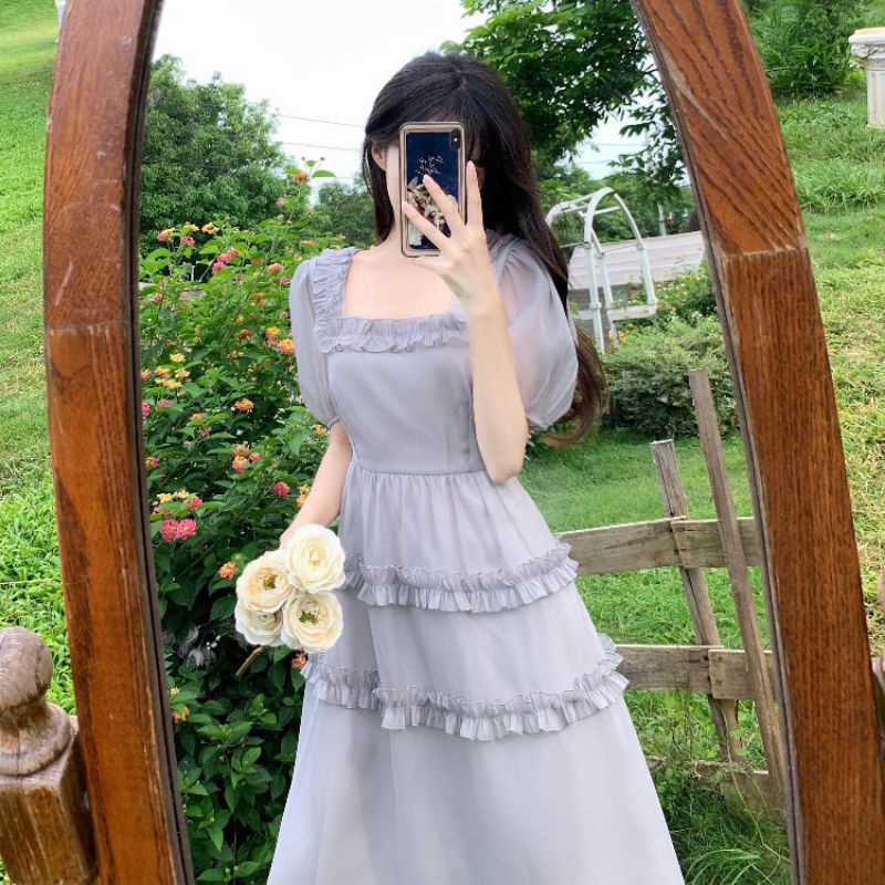 Váy đầm dự tiệc cổ vuông dáng xoè công chúa