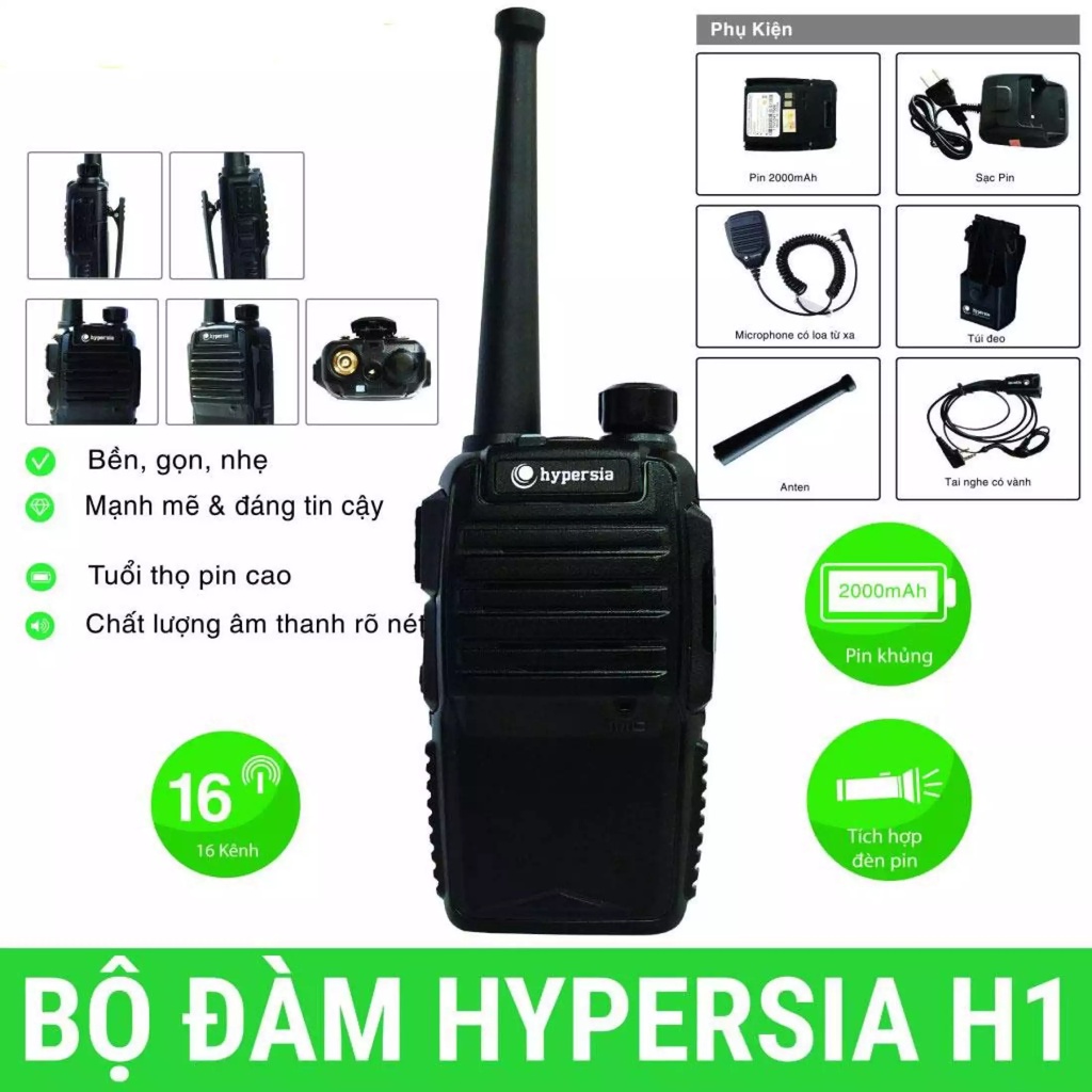 Bộ Đàm-Bộ Đàm Cầm Tay Hypersia H1 Chính Hãng-16 Kênh,Phạm Vi Phủ Sóng 4-8 Km-Bảo Hành 12 Tháng