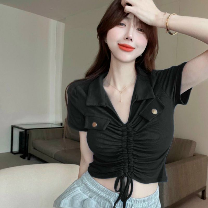 Áo thun cổ bẻ rút dây giữa phối kiểu 2 nắp A15 tay ngắn