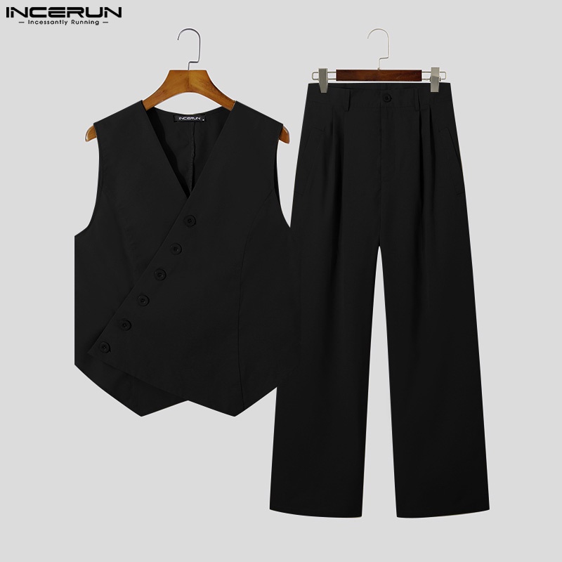 INCERUN Set Áo Lửng Sát Nách Và Quần Dài Ống Rộng Lưng Cao Dành Cho Nam