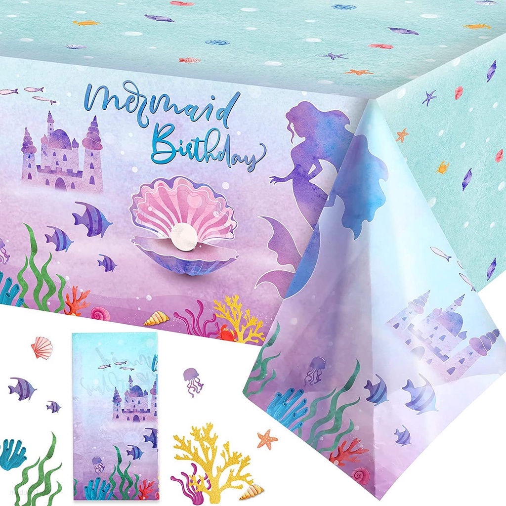 Khăn Trải Bàn Dùng Một Lần Chủ Đề Nàng Tiên Cá Nhỏ Sáng Bóng Trang Trí Tiệc Sinh Nhật Bé Gái