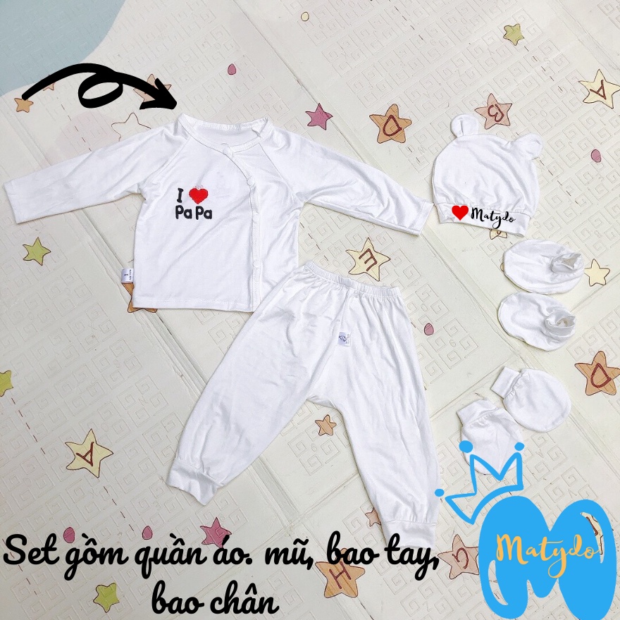 Quần áo sơ sinh set gồm mũ, bao tay, bao chân bé trai bé gái mùa hè đông giá rẻ cho bé MATYDO trắng SS711