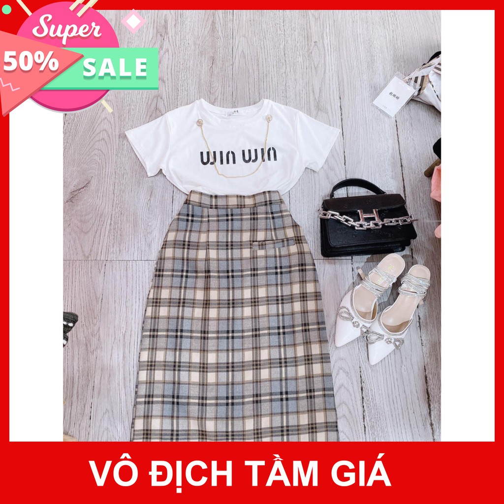 Đồ bộ nữ Set Áo Phông Trắng Cotton L1 Chân Váy kẻ Dài