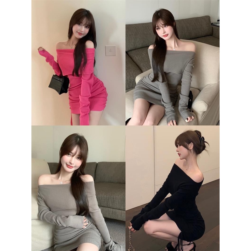 Đầm Body Trể Vai Nhún Bên Rút Bên