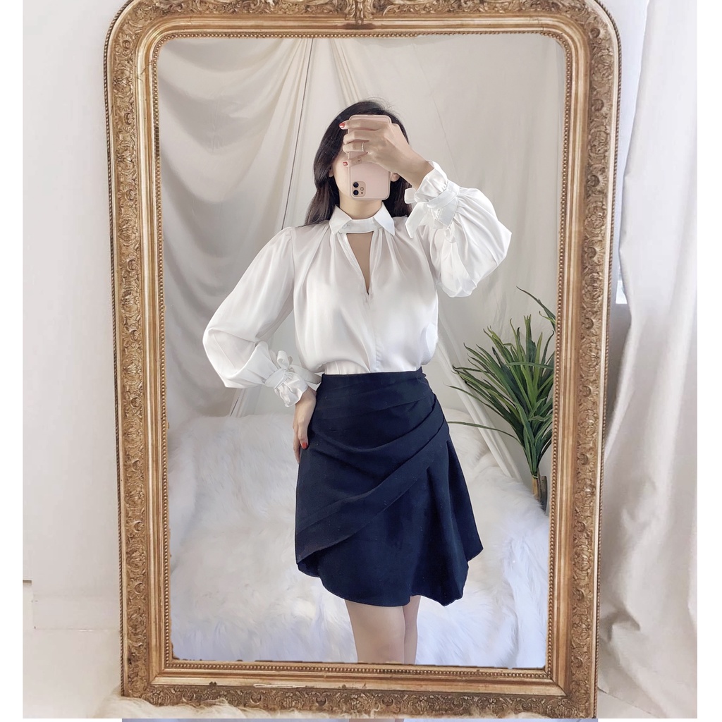 Áo sơ mi trắng công sở, chân váy ngắn xếp, áo lụa, áo sơmi kiểu tay dài, đi làm, chân váy chữ A, set áo mix váy tiểu thư | BigBuy360 - bigbuy360.vn