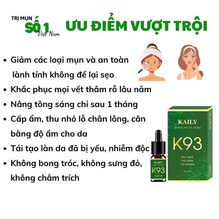 Tinh Chất Mụn K93 - Serum Giảm Mụn, Mờ Thâm Mụn Sẹo, Nâng Tông Da Công Dụng 5 Trong 1 Hiệu Quả Sau 7 Ngày-KAILY COSMETIC
