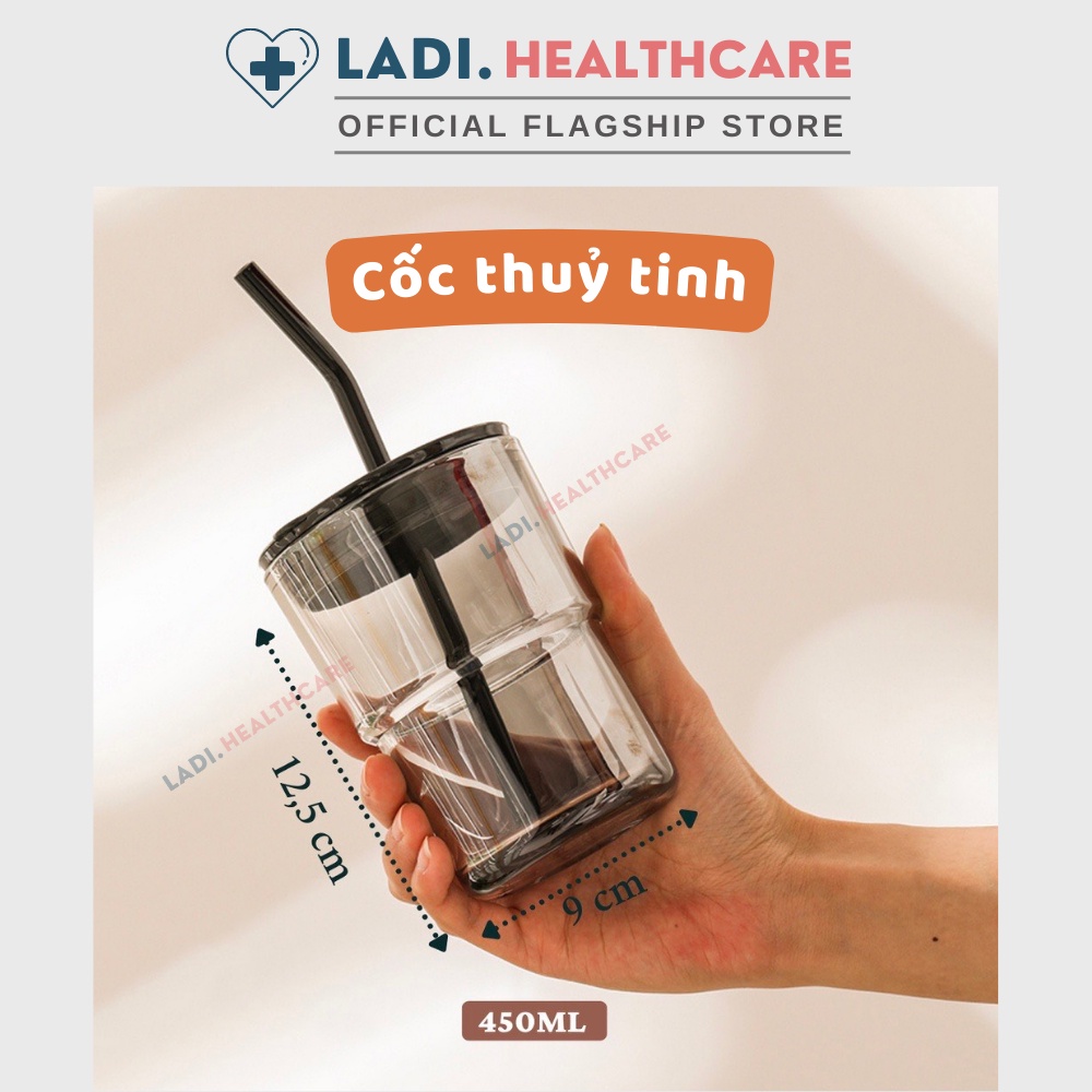 Cốc thuỷ tinh 450ml tặng Sticker trang trí ly, bình nước thuỷ tinh có nắp kèm bao da