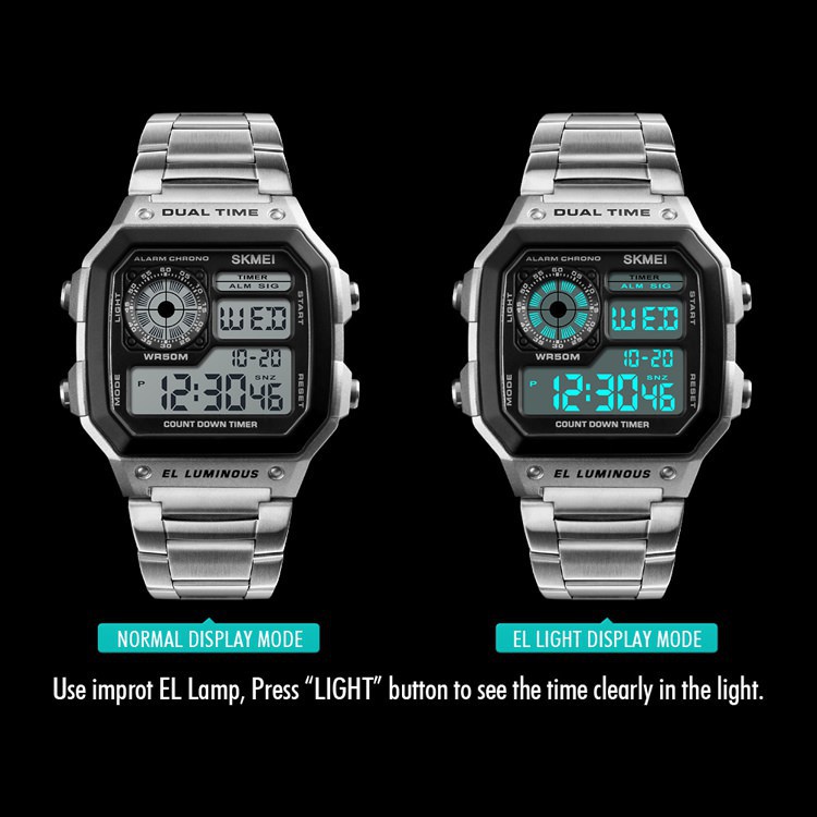 Đồng hồ điện tử nam phong cách thể thao World Time 1200AE đa chức năng dây thép không - Vemz Watches