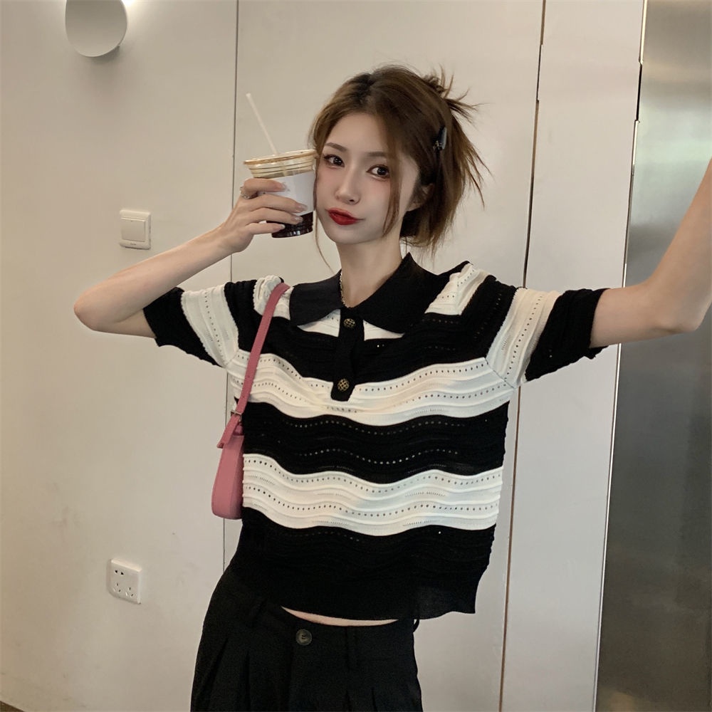 Áo Thun polo Tay Ngắn Kẻ Sọc Màu Sắc Tương Phản Thời Trang Cho Nữ  tao bao