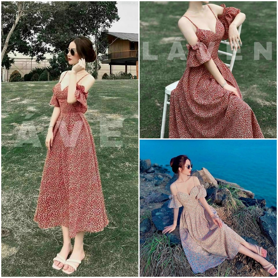 Đầm maxi voan 2 dây tay phồng hoa nhí phong cách vintage quyến rũ và nổi bật